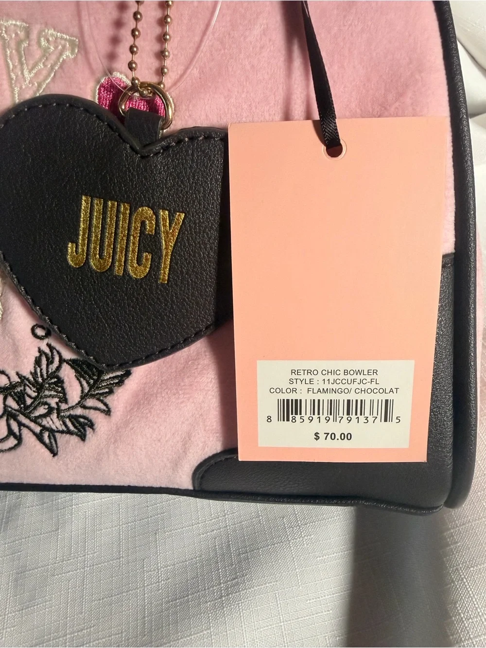 Juicy Couture Retro Chic Bowler Style Purse in Flamingo/Chocolate NEW
